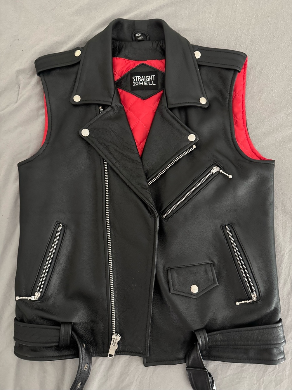 Straight To Hell Men's Black Leather Moto Vest with Red Lining